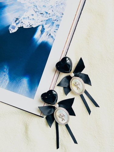 Black Heart Love Bow Silver Cupid Angel Moonstone Retro Pierced, Earrings Women - Picture 2 of 6