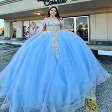Sky Blue Princess Quinceanera Dresses Gold Applique Lace Ball Gown Sweet16 Dress