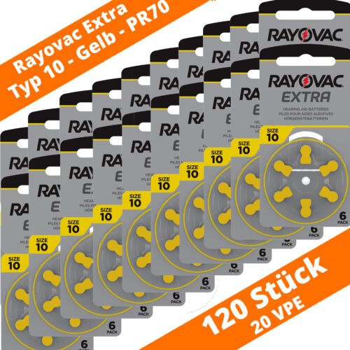 120 x Rayovac Extra eh. Advanced  Typ 10 Gelb PR70 Hörgerätebatterien 1,45 V  - Bild 1 von 2