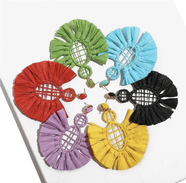 NUEVOS PENDIENTES COLGANTES DE GRAN TAMAÑO VERDE PÚRPURA AZUL CREMA ROJO RAFIA BORLA