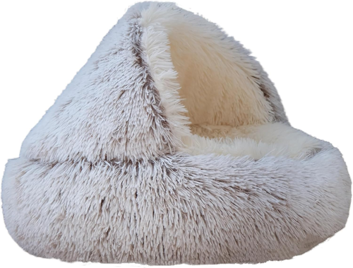 Calming round Dog Bed & Cat Cave with Hooded Cover, Plush Fluffy Anti-Anxiety Ca