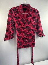 Silk Land 5 Button Blazer Women's Sz S Red Floral 3/4 Sleeve Stand Up Collar