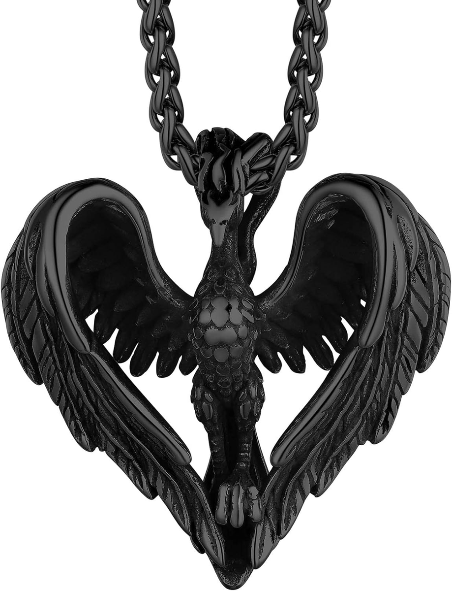 Stainless Steel Black Phoenix Pendant Necklace for Men Women