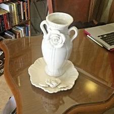 Vintage World Bazaars Inc. Ceramic White Double Handled Rose Vase with Matching 