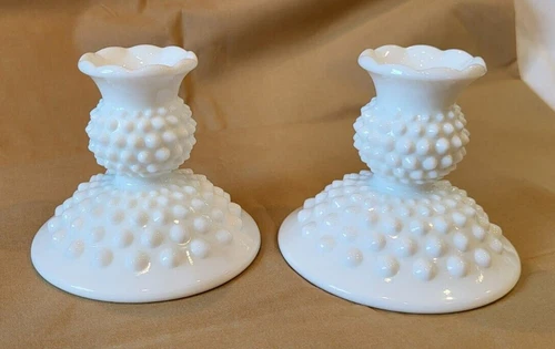 Fenton Glass Pair Of Vintage Milk Glass Hobnail Candle Holders