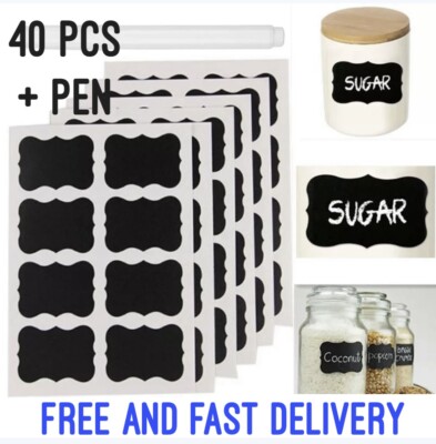 40 x Kreide Etiketten mit Stift Set Tafel Tafel Speisekammer Glas Aufkleber - UK