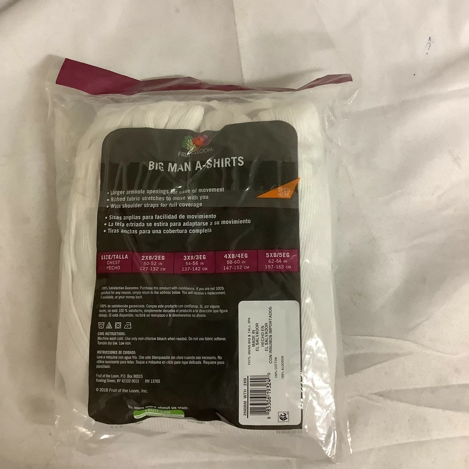 Fruit Of The Loom Mens Undershirt White Cotton Pack Of 3 Size 2XB 50-52 In  - Image 2 of 3