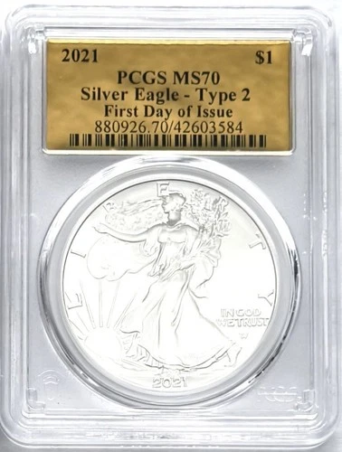 2021 SILVER EAGLE TYPE 2 FIRST DAY OF ISSUE PCGS MS70 GOLD FOIL LABEL