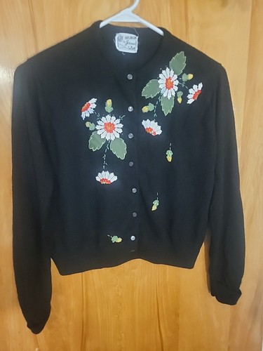 Girls Size 6/8? Vintage sweater cardigan Flower appliqué Embroidery Glam Black 