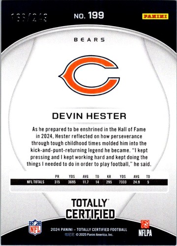2024 Panini Totally Certified #199 Devin Hester Mirror Red #/249 - Picture 2 of 2