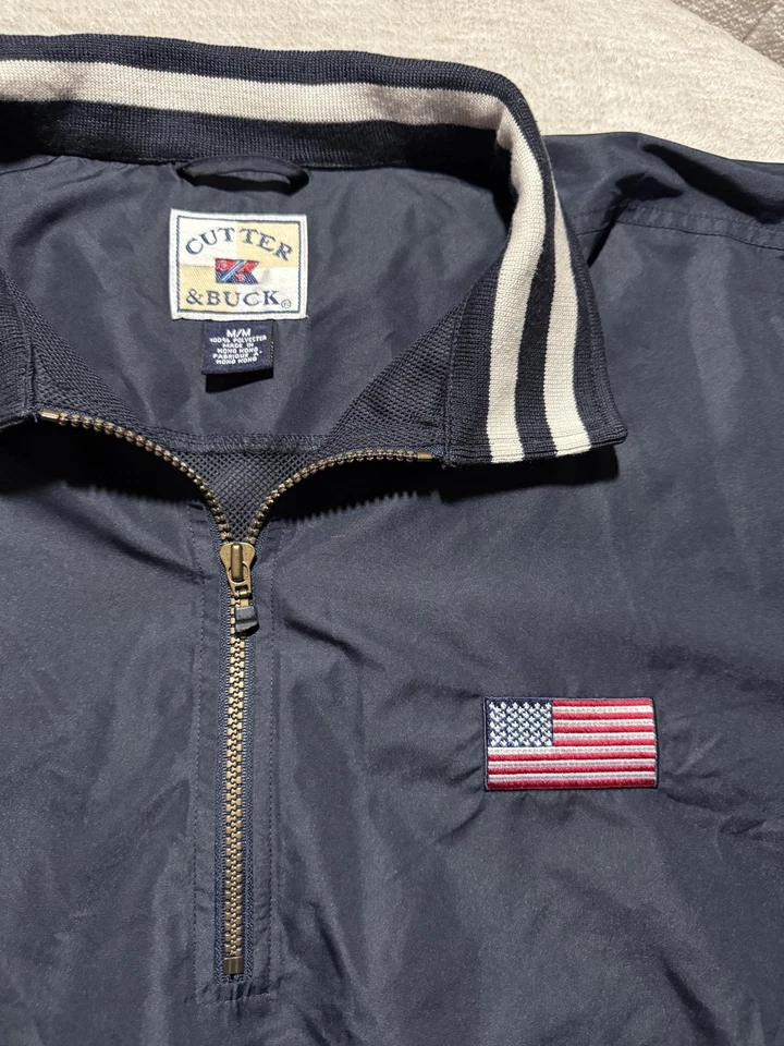 Cutter & Buck Jacket Mens Medium Navy Quarter Zip Windbreaker Pullover Flag Golf - Image 2 of 4