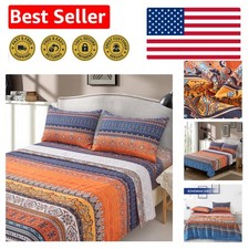 4-Piece Boho King Size Bedding Set - Colorful Orange  Blue Striped Sheets