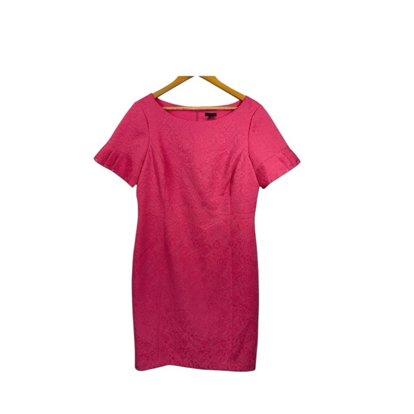 Talbots Womens 14P Petite Plus Short Sleeve Pink Jacquard Sheath Cocktail Dress
