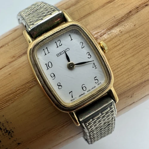 Seiko Watch Women 17mm White Dial Gold Tone Rectangle 1N00-5K29 New Batt