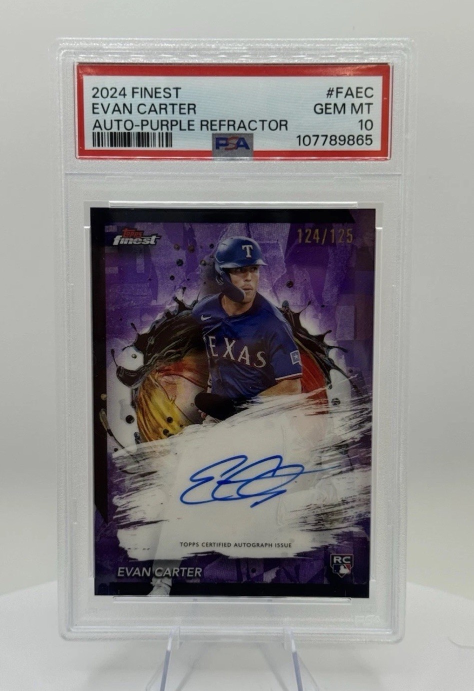 2024 Topps Finest Autograph Evan Carter Purple Refractor AUTO RC /125 PSA 10