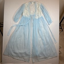 Vintage 60s Fairy Sheer Nylon Peignoir Robe Lace Floral Baby Blue Lingerie S
