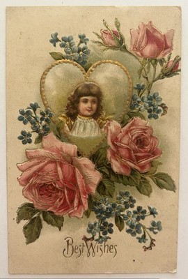 1910 Embossed Postcard Best Wishes Roses Forget Me Nots Girl