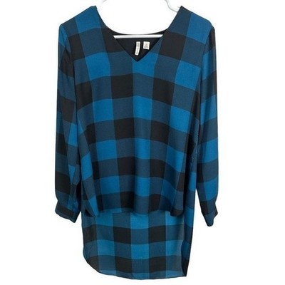 Cato Blue Black Buffalo Plaid V-Neck High Low Blouse Small