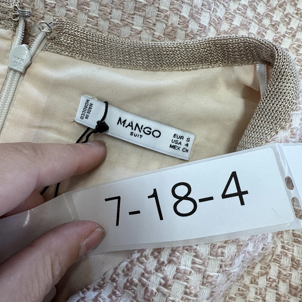 Mango 西装连衣裙女式小号 US 4 米色粉色粗花呢 A 字 3/4 袖有衬里 — 第 3/4 张图片