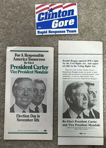 Vintage Re-Elect President Carter Brochures & Clinton Sticker