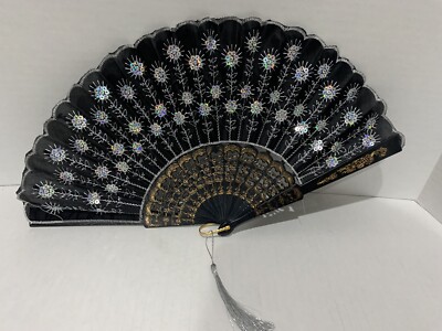 Vtg Asian Folding Hand Fan Black & Gold Fabric Embroidered  display picture 1