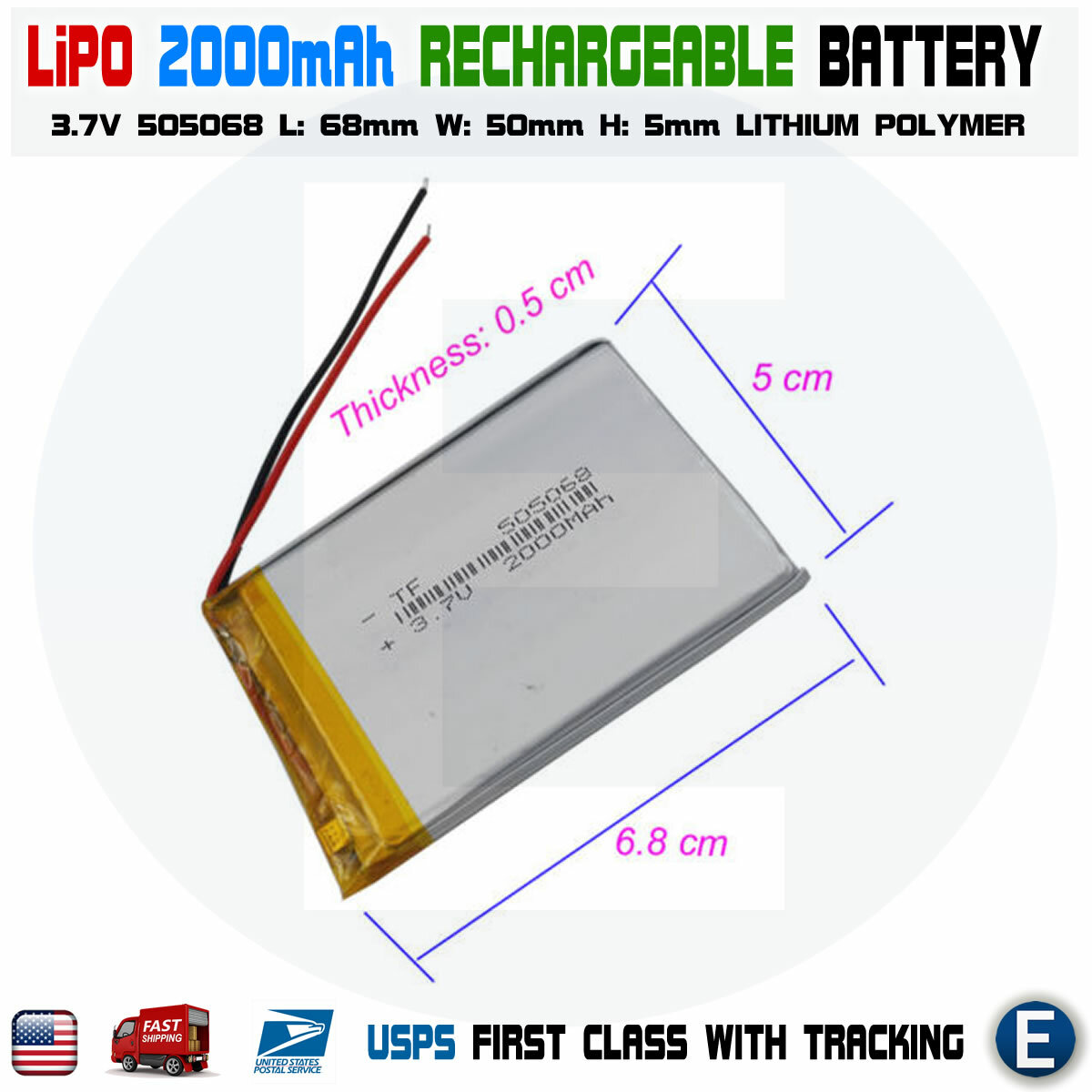 2000mAh 3.7V lipo rechargeable Battery 505068 polymer lithium Li-Po USA