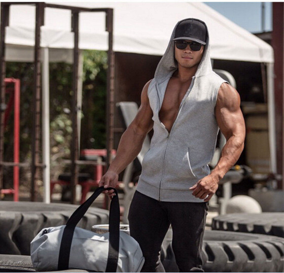 Sleeveless Zipper Hoodie Hooded Workout Men's Gym Bodybuilding Tank Top Vest