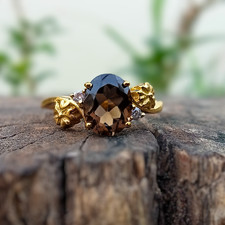Oval Shaped Smokey Quartz Brown Gemstone Flower Inspired Gold Wedding Ring Her