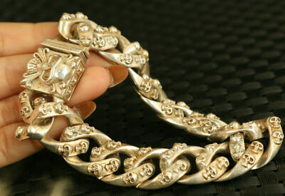 Chinese collection cool skull tibet silver bracelet boy friend noble gift 