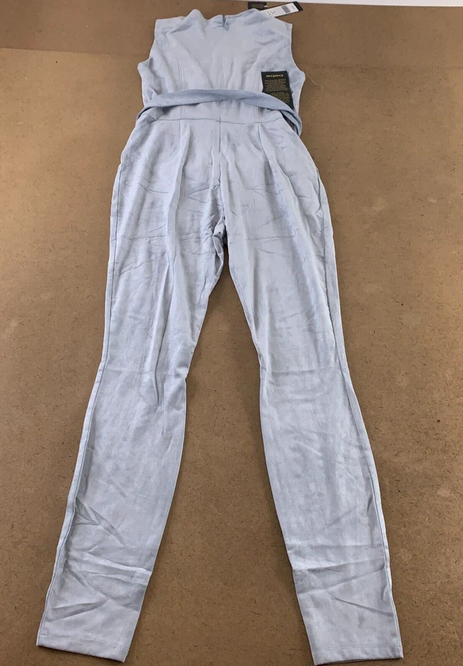 Bebe Women's Medium Light Blue Faux Suede Sleevless V Neck Belted Catsuit *Flaw - Image 4 of 4