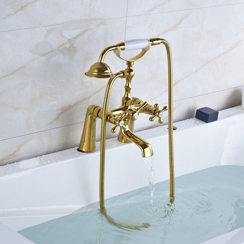 DLL Gold Brass Deck-Mounted Clawfoot Tub Faucet With Telephone Spray – Model Zna146