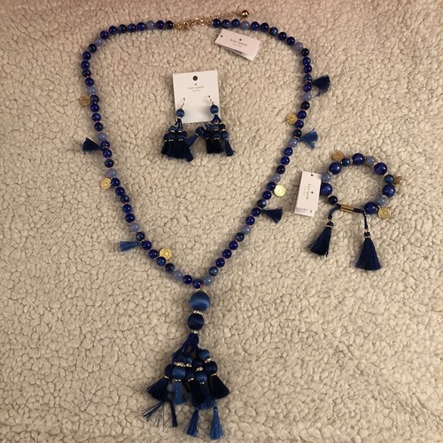KATE SPADE Pretty Poms Necklace, Bracelet, & Earrings SET, Blue, Retail $284 - Picture 2 of 11