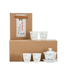 Gaiwan with 4 Cups Sets White Porcelain Chinese Tea cups Gongfu Tea Set lands...
