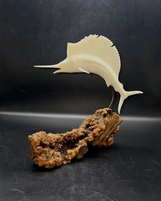 Vntg John Perry Sailfish On Burlwood Marine Life Nautical Sculpture 9¼x10½'' 