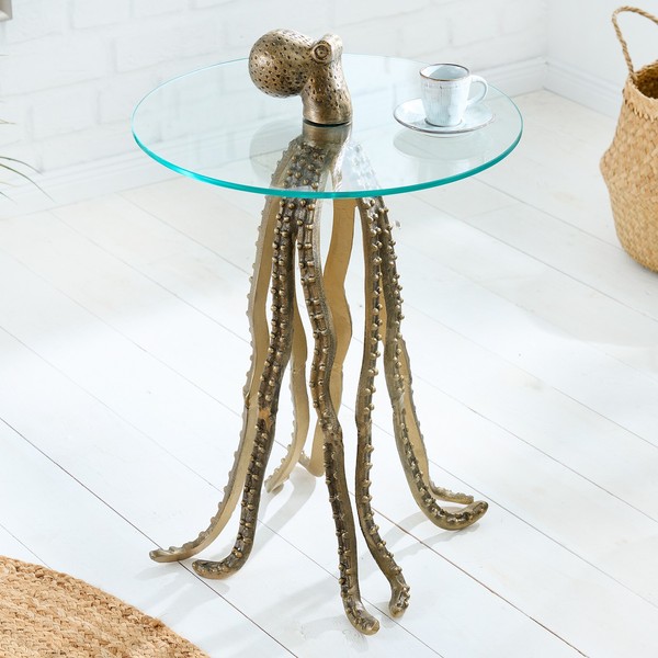 Runder Beistelltisch Wildlife Octopus 70Cm Messing Gold Metall Glas Handmade-image