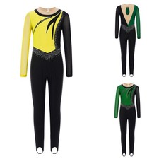 US Kids Sparkly Rhinestone Dance Unitard Mesh Splice Full Body Skating Jumpsuit