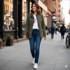 Old Navy Jacket Medium Military Pine Needles Patch Snap Zip Button Green Olive