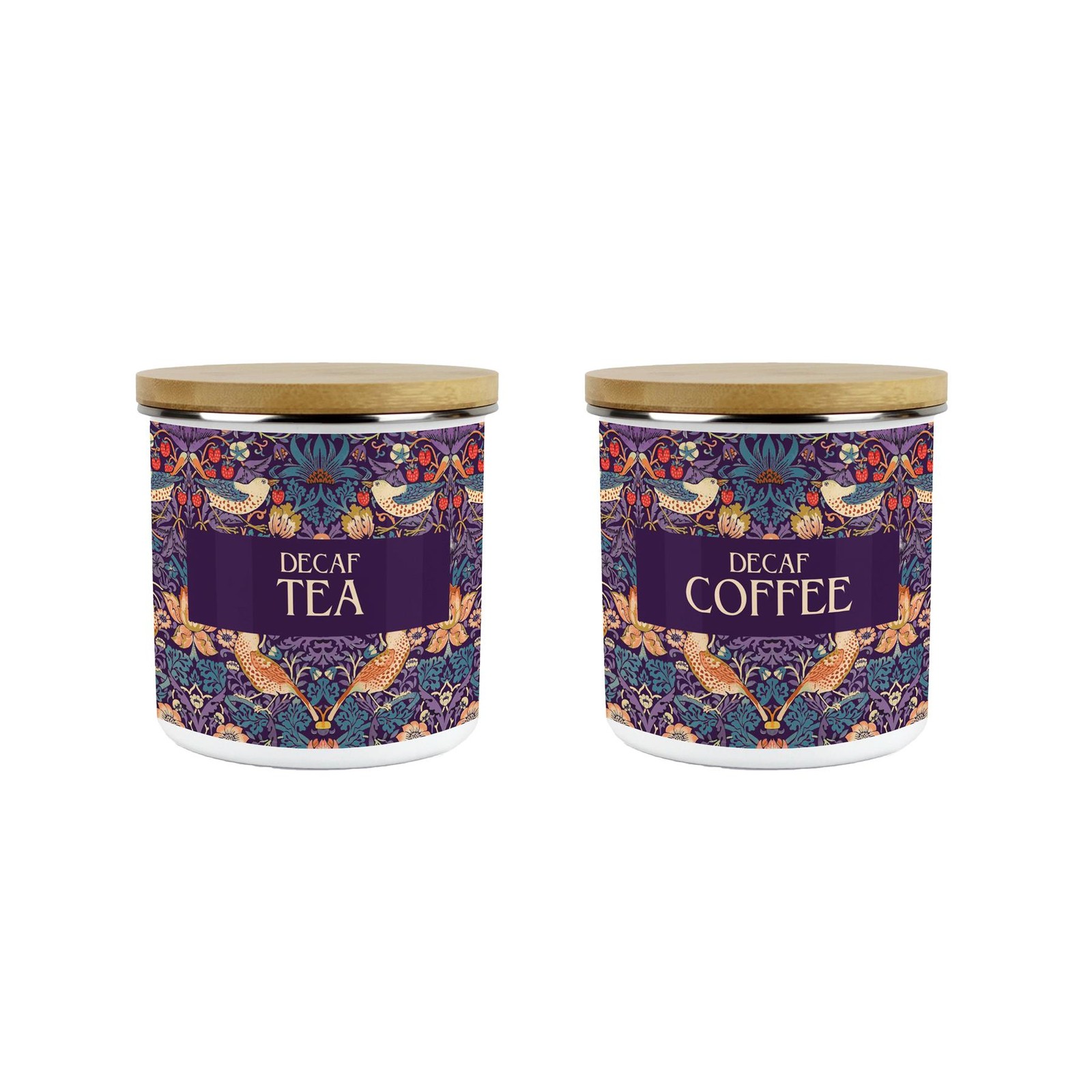 Purple Strawberry Thief Decaf Tea & Decaf Coffee Canisters Set