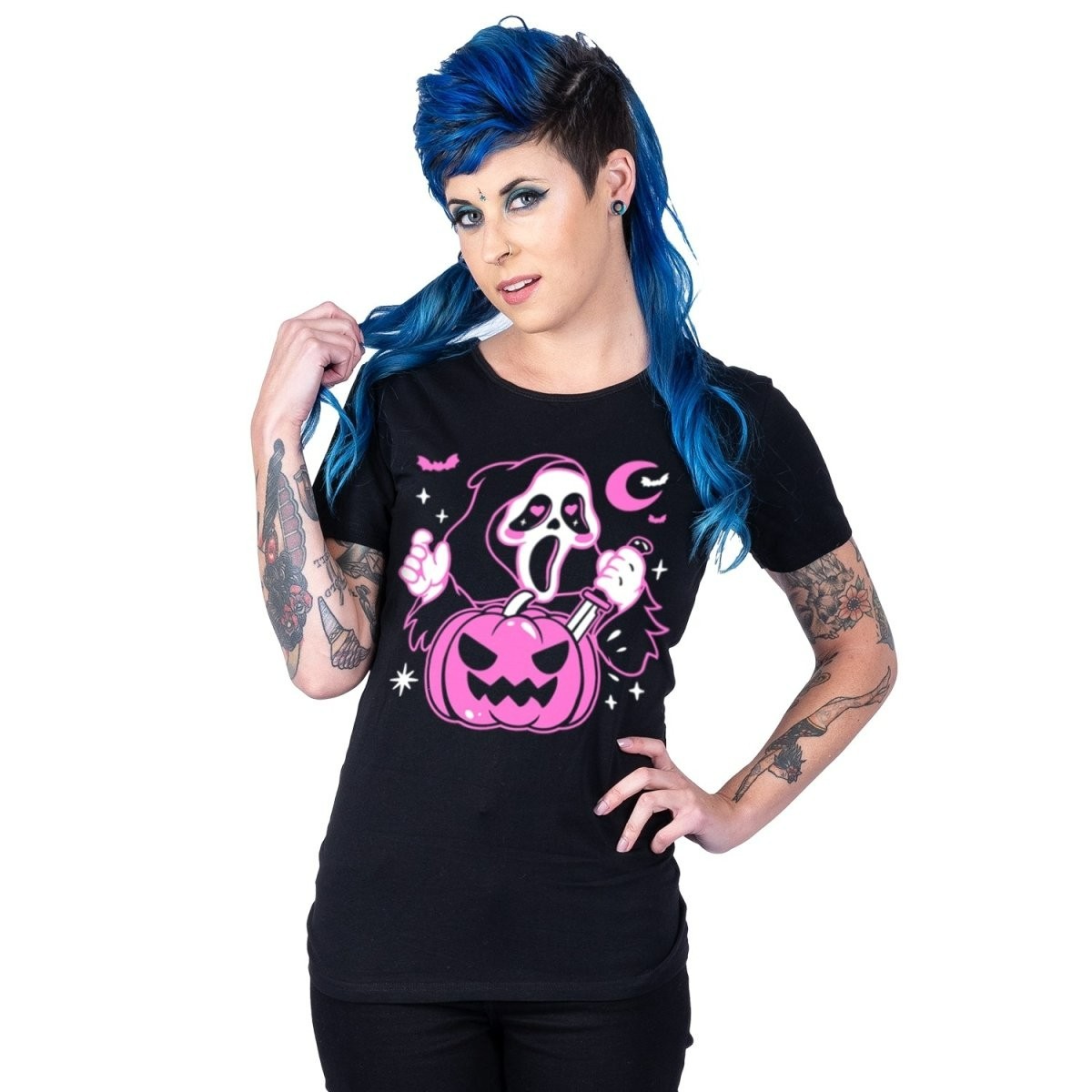 Ghostface Pumpkin Womens Large Graphic Tee Pink Black Goth Pastel NWT