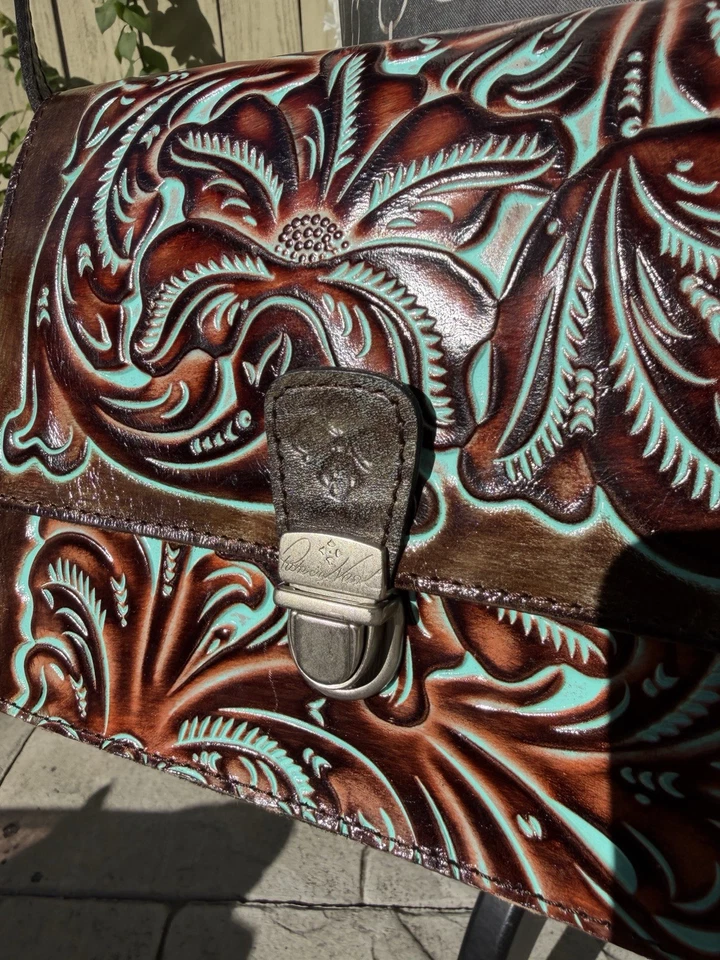 Patricia Nash Locri Hand Tooled Leather Brown Turquoise Handbag Purse Crossbody - Image 4 of 4