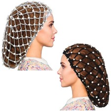 2 Pcs Black Gray Mesh Crochet Pearl Hair Snood Rayon Knit Sleeping Cap Net
