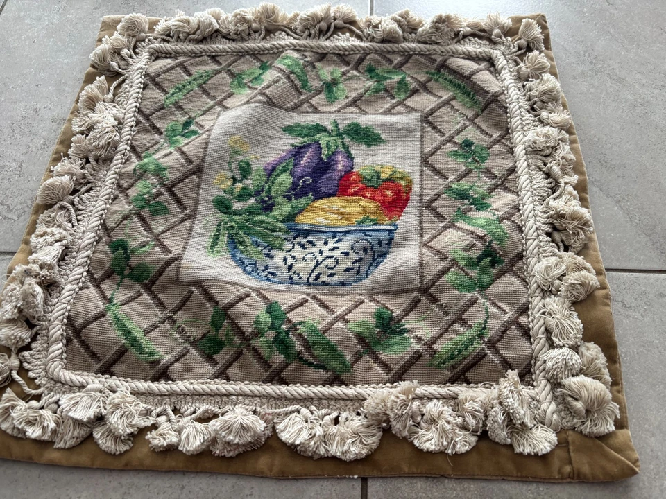 NEW Handmade Wool Needlepoint Throw Pillow Cover Garden Vegetables Veggies 18" - Image 2 of 4