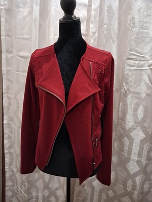 ACTIVE USA Red Lace Accent Jacket Women's S Zipper Floral Pockets Long Sleeve