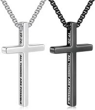 2 Pcs Black Silver Cross Necklace for Men - Stainless Steel Cross Pendant 18-24