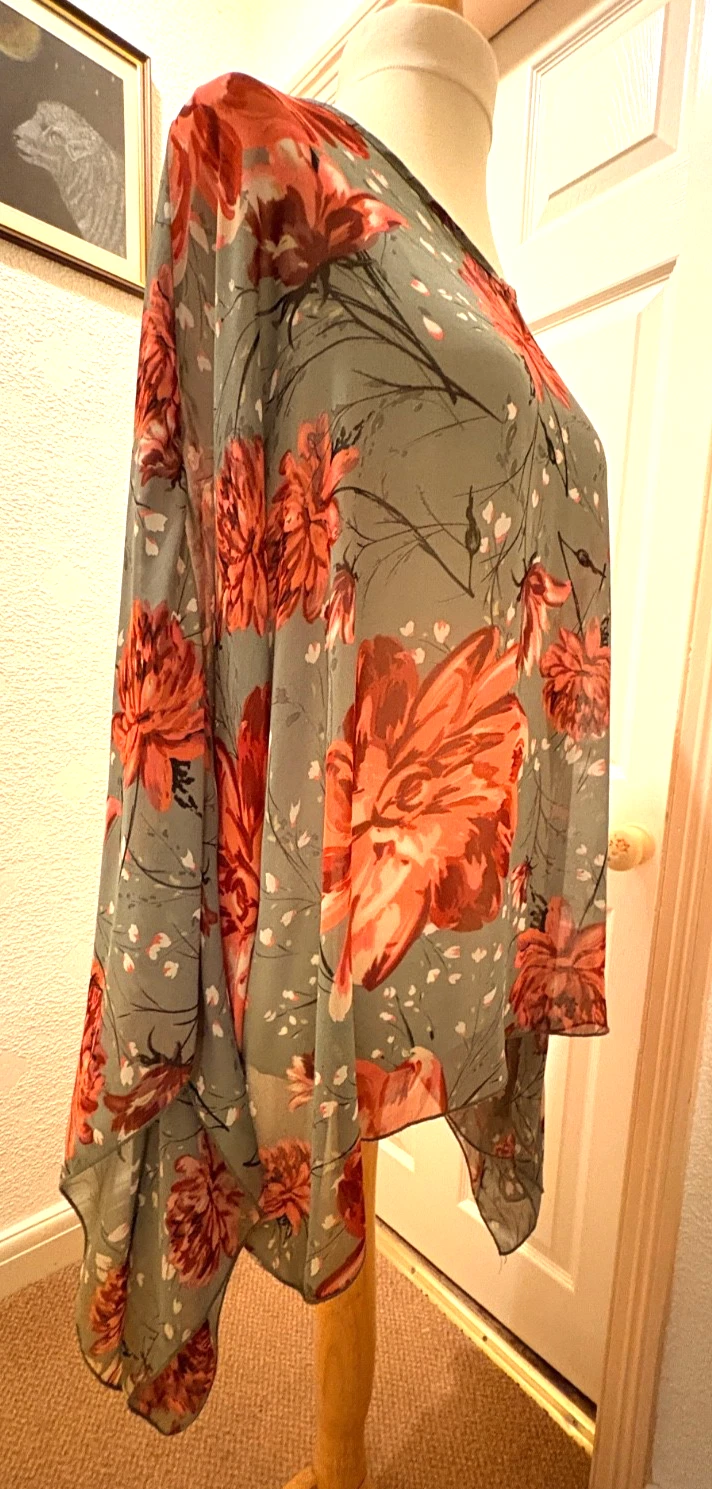 Urban Mist Floaty Floral Asymmetric Top Sheer Chiffon Overlay One Size Grey Pink