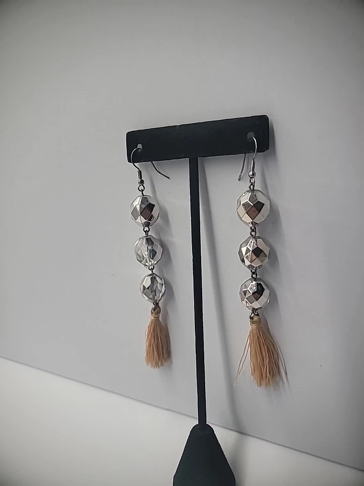 Pendientes Vintage Gancho Perforado Tono Plata Cuentas Facetado Bronceado Borlas Joyería Foto 4 de 4