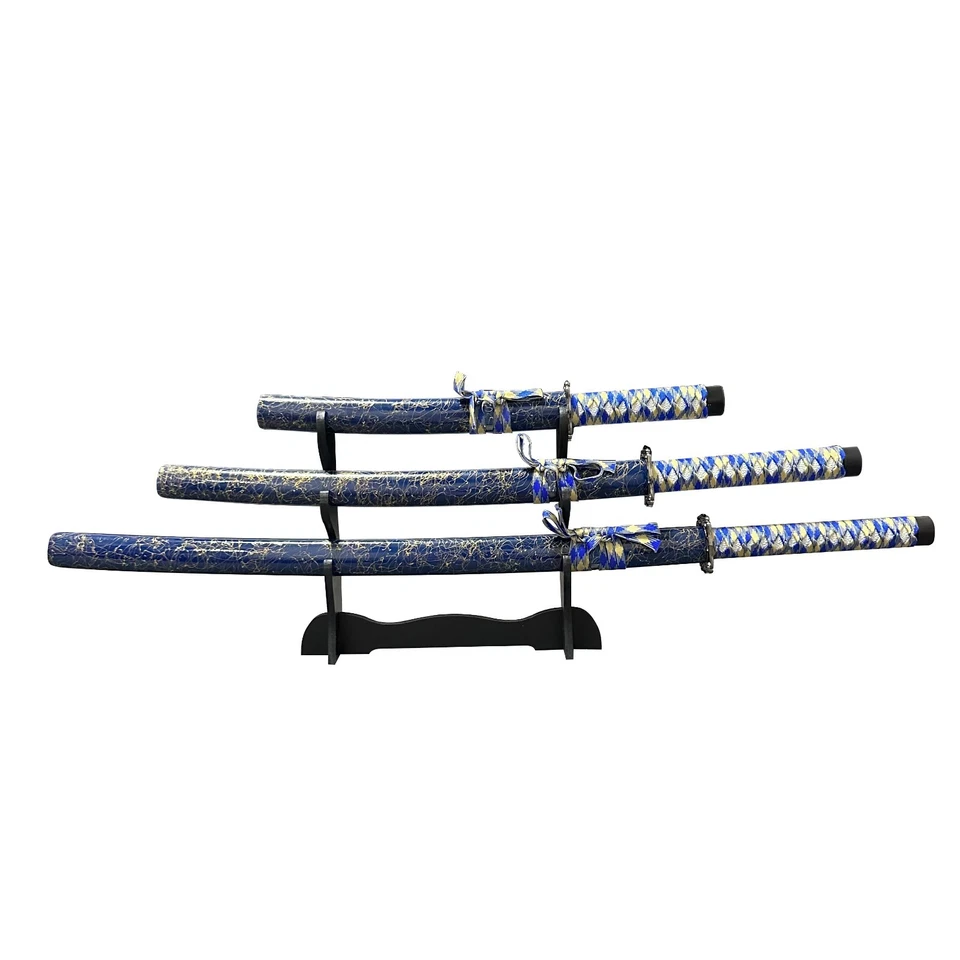 Conjunto de 3 Espadas Samurai com Suporte – Bainha Crackle Azul e Dourada, Aço 1095 - Imagem 4 de 4
