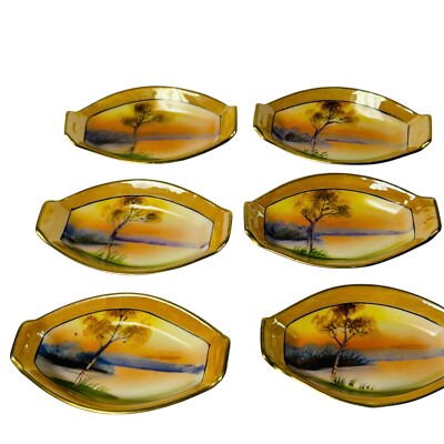 Vintage Noritake Sunset Lake Salt Cellars Lot of 6 Peach Lusterware Hand Painted