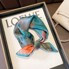 100% Silk Scarf Women Vintage Small Bandana Oil Painting Kerchief Turban 53cm
