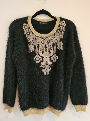 SAMBARA Ladies Black Fluffy Jumper Glam Gold Trim Detail 80s